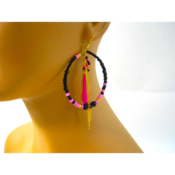 Large Boho Hippie style Pink Black Vintage accent Mega Hoop Earrings 2.5 inch - Picture 4 of 8